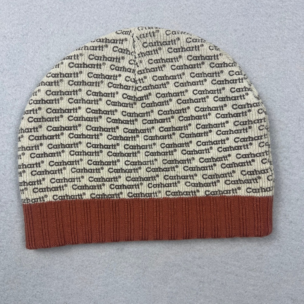 Carhartt Beanie Hat AOP Cream Orange Logo Knit Winter Streetwear RARE Collectors - Picture 3 of 12